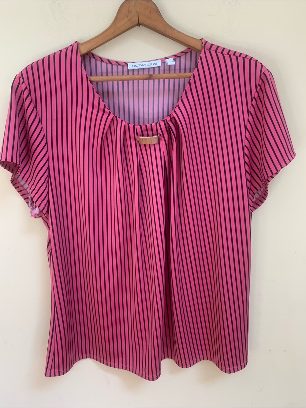 Notations Pink & Black Vertical Stripe Silver Bar Neckline Drape Front Blouse XL